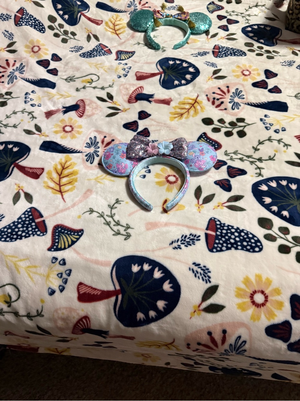 Disney OS Stich Minnie Ear Headband - Light Blue Floral with Purple Sequin Bow
